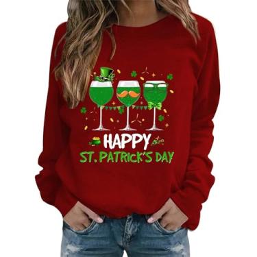 Imagem de Camisetas femininas do Dia de São Patrício de manga comprida verde Shamrock Lucky Camisetas de férias para sair desfile 2024, Vinho, P