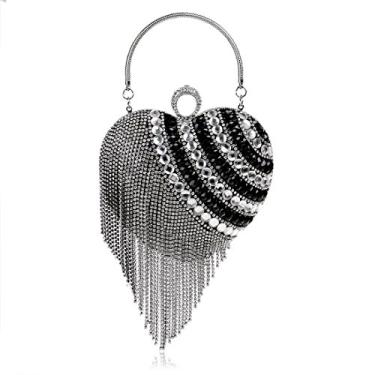 Imagem de UMREN Bolsa feminina de luxo em forma de coração com borla para noite com strass para festa de casamento, Preto 3, One Size