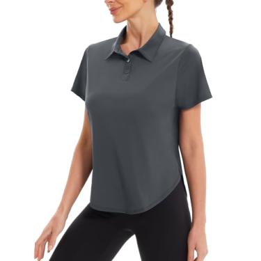 Imagem de addigi Camisa polo feminina de golfe FPS 50+, proteção solar, 3 botões, manga curta, secagem rápida, atlética, tênis, golfe, Cinza, 3G