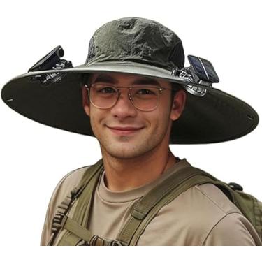 Imagem de Chapéu de sol masculino com 2 ventiladores solares FPS 50+ chapéus de pesca, aba larga, proteção UV, carregamento USB, Verde, Tamanho �nica