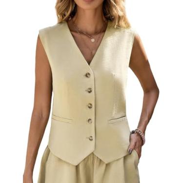 Imagem de Mina Self Colete feminino de linho de verão 2024 sem mangas Lihtweight totalmente linend decote em V espartilho top blazer casual cropped jaqueta, Bege, XX-Large
