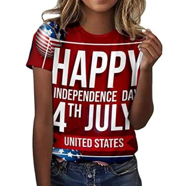 Imagem de Camiseta feminina com bandeira americana patriótica de 4 de julho, estampa vintage, gola V, túnicas do Dia da Independência, Vermelho, P