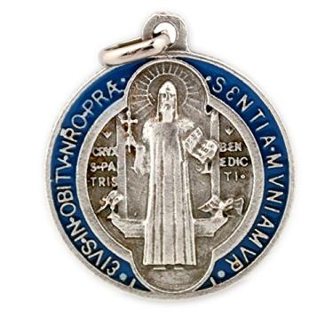 Imagem de Venerare Medalha de São Bento com esmalte azul e vermelho | Santo Padroeiro dos Estudantes e da Europa | Ótimo presente católico para a primeira comunhão e confirmação | Feito na Itália