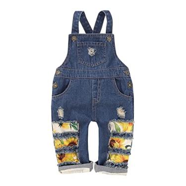 Imagem de Macacão jeans para bebês e meninas, jeans rasgado, fofo, roupa de trabalho, suspensórios de verão com estampa de girassol, calças para recém-nascidos, Azul, 3-4 Anos