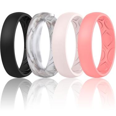 Imagem de Alianças de casamento de silicone ThunderFit para mulheres, ranhuras de ar respiráveis de 5,5 mm de largura – 1,5 mm de espessura (preto, mármore, rosa, vermelho claro – Tamanho 11,5 – 12 (21,3 mm))