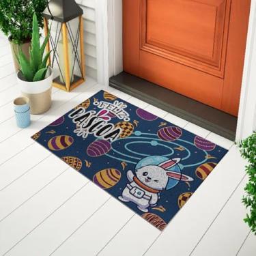 Imagem de Tapete De Porta Capacho Divertido e Criativo Frase - Feliz Páscoa, Coelho Planetário Fundo Azul Ca596