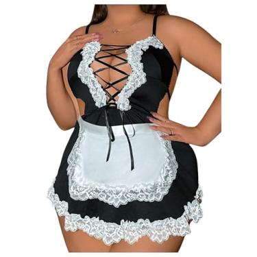 Imagem de WDIRARA Women's Plus Size 2 Piece Contrast Lace Cosplay Lingerie Set Maid Costume Set Dress and Belt Black and White XX-Large Plus