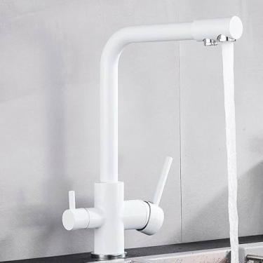 Imagem de Torneira de cozinha com filtro, torneira de cozinha com água potável, montada no deck, duas alças, misturador de água quente e fria, branco