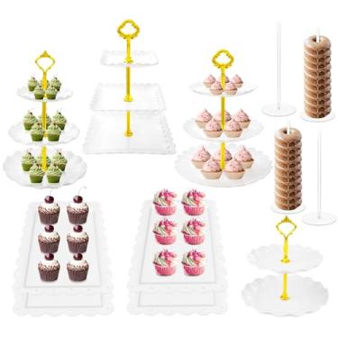 Imagem de Conjunto de 12 peças de suporte de cupcake – Conjunto de mesa de sobremesa de plástico branco, 4 suportes de cupcake para torre de servir, 4 suportes de rosquinha de acrílico, 4 bandejas de sobremesa