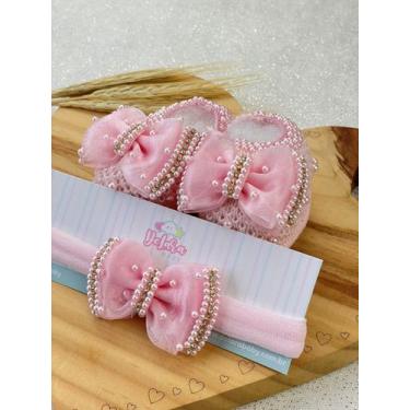 Imagem de Sapatinho + faixinha pérolas rosa claro - DeLara Baby
