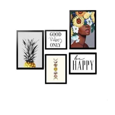 Imagem de Kit 5 Quadros Decorativos Com Molduras Pretas Be Happy - D'Cora