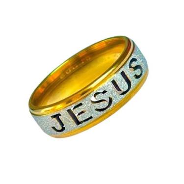 Imagem de Anel Jesus Banhado Ouro 18k 6mm Brilho Fosco Religiao Cristã Fé Compro