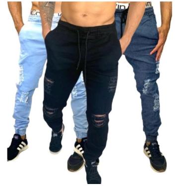 Imagem de kit 3 calça jeans jogger com elastano jeans calças masculinas rasgadas