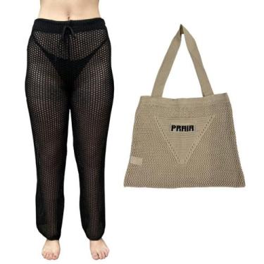 Imagem de Kit Calça Pantalona Tricot Feminina com Bolsa Sacola de Praia Crochê -