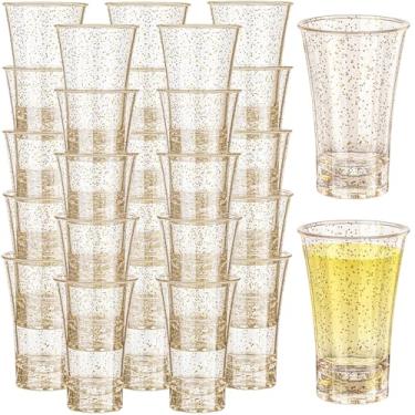 Imagem de Suclain 100 peças de copos de acrílico a granel dourado com glitter, 34 g, decoração de festa de verão ou copos de bar, copo transparente elegante para bebidas espirituosas e licores para suprimentos