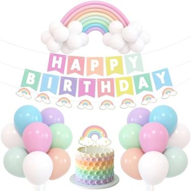 Imagem de Conjunto de decoração de festa de arco-íris pastel conjunto de festa temático arco-íris Happy Birthday faixa cor pastel arco-íris ponte balões topo de bolo para meninas pastel, arco-íris, aniversário, unicórnio, chá de bebê