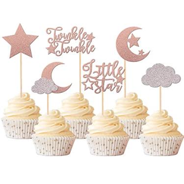 Imagem de Rsstarxi 36 Pack Little Star Moon Clould Cupcake Toppers Glitter Twinkle Twinkle Star Cupcake Picks Baby Shower Cake Decorations for Moon Star Clould Kids Birthday Party Supplies Rose Gold