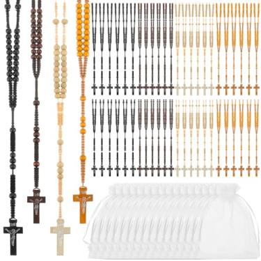 Imagem de Tenceur 48 unidades de colar de contas de rosário de madeira esculpidas católicas com cruz de Jesus, rosário de primeira comunhão a granel com sacos de organza, lembrancinhas de batismo, presente