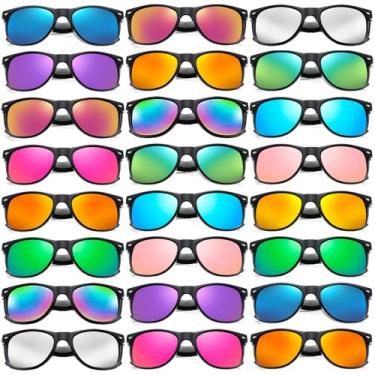 Imagem de Pacote com 24 óculos de sol cor neon clássico armação preta lentes espelhadas masculino/feminino a granel aniversário praia piscina lembrancinhas de festa