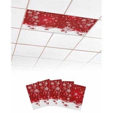 Imagem de Bolas de Natal, capas de luz fluorescente para luzes de teto, filtros magnéticos de floco de neve vermelhos, pacote com 4, 1,2 x 0,6 m, capa de luz de teto para sala de aula, escritório, escola, casa,