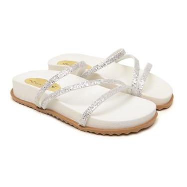 Imagem de Sandália Papete Feminina  Plataforma Branca Confortável Brilho Rasteir