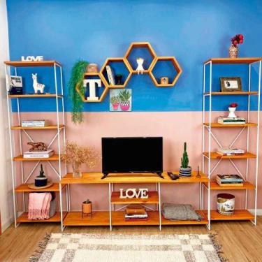 Imagem de Kit Sala de TV de Ferro e Madeira Industrial Grande e Duas Estantes To