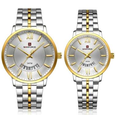 Imagem de Relogio De Pulso Conjunto Casal Em Aço Inoxidável De Quartzo Design Casual Impermeavel 3atm Branco Dourado