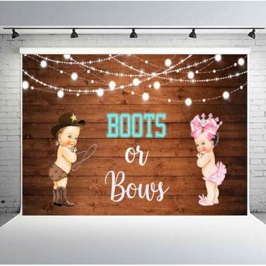 Imagem de PHMOJEN Botas ou arcos de 2,1 x 1,5 m, pano de fundo revelador de gênero, fundo de fotografia de madeira rústica para bebês fofos, adereços de fotografia de estúdio BJLSPH891
