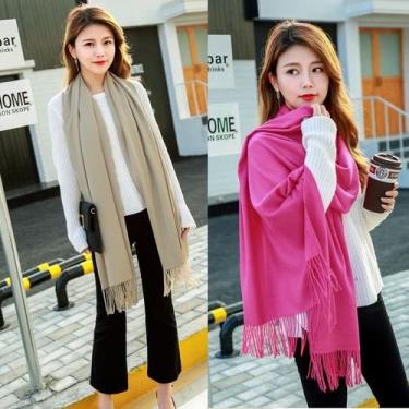 Imagem de Lenço Longo Cachecol Feminino Echarpe Tipo Pashmina Cor Lisa Com Borla