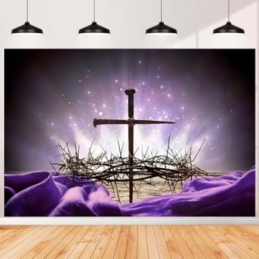 Imagem de 2,1 x 1,5 m Jesus Cruz pano de fundo roxo crucifixo luz sagrada fotografia coroa de espinhos Deus crença banner decorações religiosa fé Jesus Cristo eventos de cabine de fotos adereços