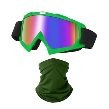 Imagem de LJDJ Óculos de Motocicleta Dirt Bike ATV Off-Road Riding Motocross Óculos com Proteção Solar UV Polaina de Pescoço Cobertura Facial (Verde Escuro/Lente Colorida)
