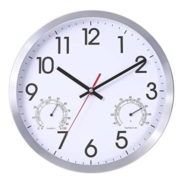 Imagem de Vigorwise Relógio de Parede de 12" com Temperatura e Umidade, Relógios de Parede com Estrutura de Alumínio Operados Por Bateria, Relógios Precisos de Movimento Silencioso para Inau12 Polegadas,Branco