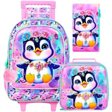 Imagem de ZLYERT 3 unidades de mochila com rodinhas para meninas, mochilas infantis com rodas, mochila de rodas com lancheira para escola, Pinguim rosa, One Size