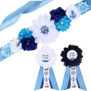 Imagem de JOYMEMO Kit de faixa de maternidade para chá de bebê náutico – Cinto de barriga para chá de bebê azul Ahoy NauticalmBaby e Alfinetes de corsage para mamãe e papai para ser, acessórios para fotos de