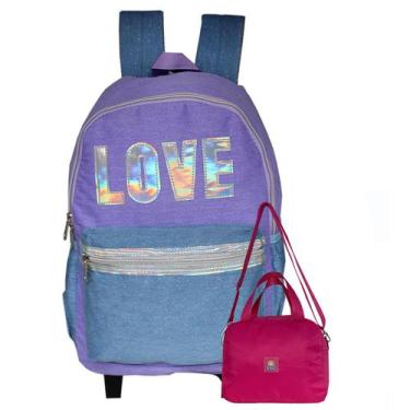 Imagem de Mochila Escolar Feminina Glitter Love Com Lancheira Térmica Roxa - Den