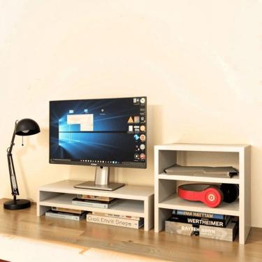 Imagem de Kit Suporte De Monitor Duplo + Escaninho Organizador Branco