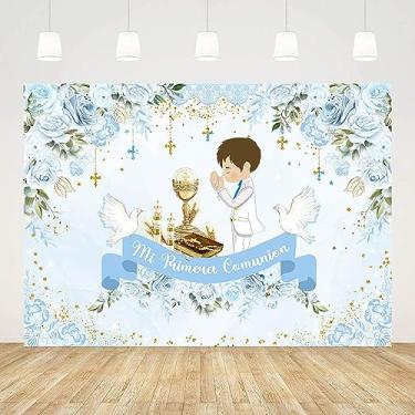Imagem de AIBIIN 2,1 x 1,5 m Mi Primera Comunion pano de fundo para meninos batismo primeira comunhão decoração de festa chá de bebê rosa floral batizado God Bless cálice pombas chá de bebê fundo fotográfico