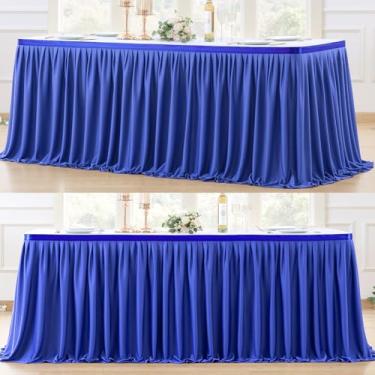 Imagem de Partisky Saia de mesa de poliéster azul magnético para mesas retangulares 4,3 m, toalha de mesa pregueada resistente a rugas para banquetes, comércio de casamento, chá de bebê, mesa de jantar para presente