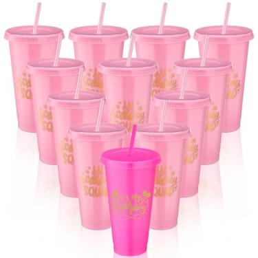 Imagem de Jingmore Copos de plástico de esquadrão de 680 g com tampa e canudo para decorações de aniversário de 20, 30, 40, 50, 60 anos, lembrancinha para mulheres e adultos (vermelho rosa, rosa, 12 peças)