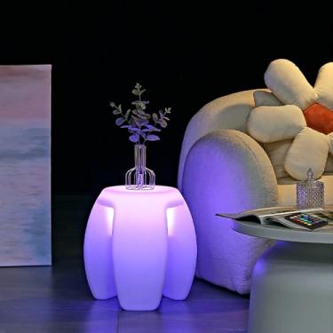 Imagem de KEROVI Banco Tripé Led Sem Fio De 16 Pol., Cadeira Led Recarregável Com Ajuste De Cor Rgb E Controle Remoto, Mesa Lateral Versátil Com Assento Led, Cadeira Led Redonda À Prova D'Água Com Lâmpada De