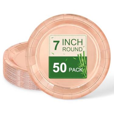 Imagem de LIKAJON 50 pratos de papel ouro rosa, pratos de sobremesa descartáveis de 17 cm para dia dos namorados, chá de bebê, aniversário, casamento, formatura, piquenique, churrasco, festa