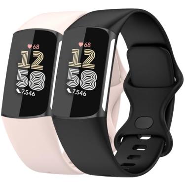 Imagem de Nacorulu Compatível com pulseiras Fitbit Charge 6/Fitbit Charge 5, pulseira de substituição de silicone macio para mulheres e homens, pacote com 2 (preto_rosa, pequeno (14 a 19,8 cm)