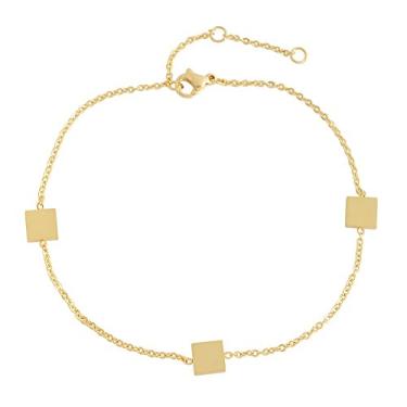 Imagem de Edforce — Pulseira feminina de aço inoxidável com 3 pingentes quadrados clássicos para mulheres, joia para pés, 21,6 cm + extensor de 5 cm Dourado