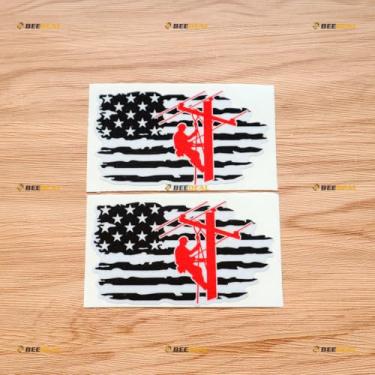 Imagem de Adesivo de vinil para poste de linha de energia elétrica da bandeira americana Lineman - pacote com 2 refletivos, 10 cm - preto vermelho envelhecido desgastado esfarrapado 03203d - para carro, barco,