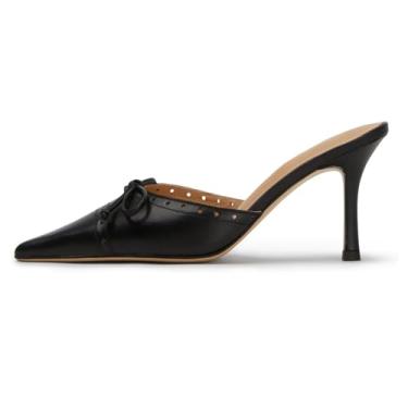 Imagem de ZJGZF Salto gatinho feminino elegante bico fino salto laço sandálias vintage mules sexy salto agulha sapatos casuais, Preto, 40