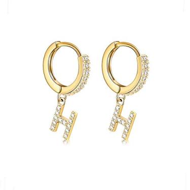 Imagem de Brincos com inicial de zircônia cúbica folheados a ouro 14 K delicados brincos de argola pequena letras hipoalergênicas para mulheres e meninas Dourado