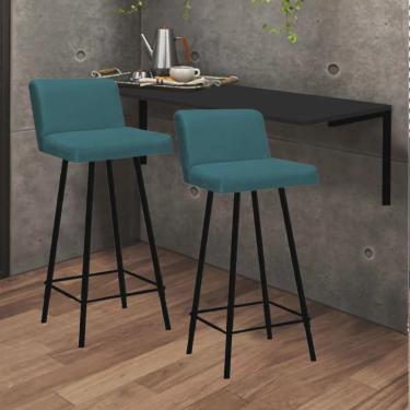 Imagem de Kit Mesa Suspensa de Parede Fixa mdf Preto + 2 Banquetas Lexi Ferro Preto Suede Azul Turquesa - Ahazzo Móveis