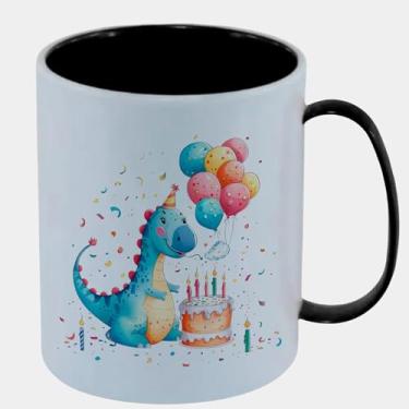 Imagem de Caneca Branca com Interna Preta de Polímero 325ml - DINOSSAURO AZUL ANIVERSARIO BOLO