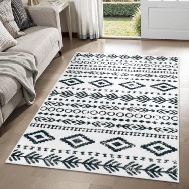 Imagem de Lahome Tapete marroquino Boho 7,5 x 12,5 cm, ultrafino, macio, branco, lavável, para quarto, suporte de borracha antiderrapante, estampa geométrica, tapete de cozinha, tapete grande para entrada de