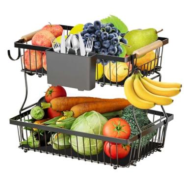 Imagem de Cesta de frutas de 2 camadas para cozinha com 4 cabides de banana e 1 caixa de armazenamento, tigela de frutas de grande capacidade de metal destacável para balcão de cozinha para armazenamento de